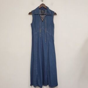 Silver Threads Vintage Country Cowgirl Denim Maxi Dress Size 6 Blue Sleeveless‎